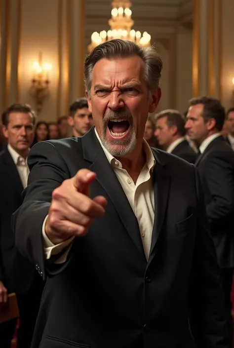 A realistic picture of a fifty years old man with light brown hair and beard. He has fair complexion and has an angry look on his face. He is pointing his his hand outside telling someone to go away.  He is wearing black suit and standing on a ball room fi...