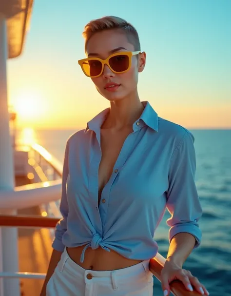 (((wide shot, full body, beautiful 35 year old desirable asian woman with distinguished features posing next to the railing on a cruise ship at sunrise))), ( yellow sunglasses stylish blue shirt, white pants, loafers), (light brown very short hair, clean f...