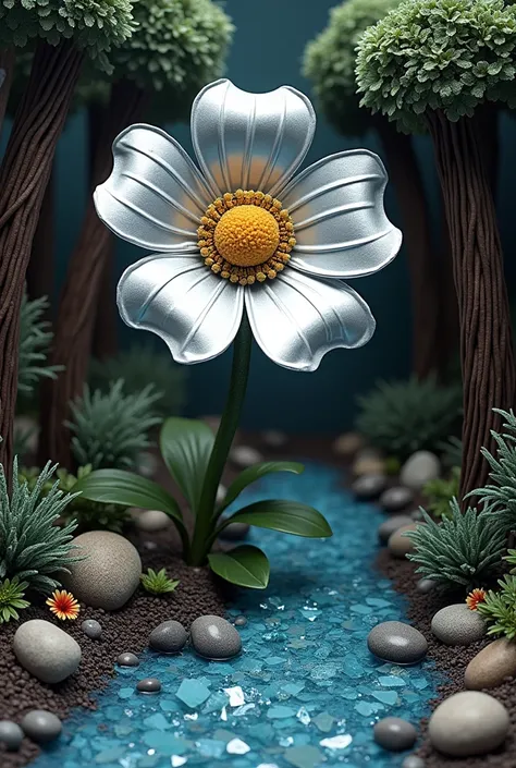 2D craft art made from soda cans, a six-petaled silver-gray flower growing by a stream made from shattered glass pieces, with a forest scene in the background made from black rubber bands.