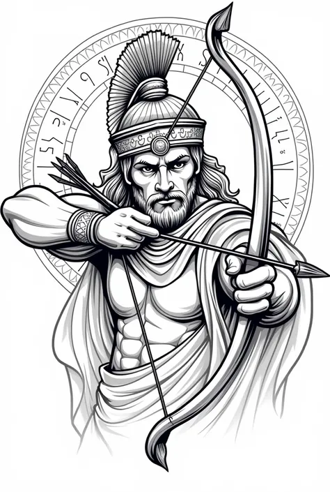 (Linear tattoo), Greek warrior face pointing war bow and arrows to the front and Sagittarius in the background 