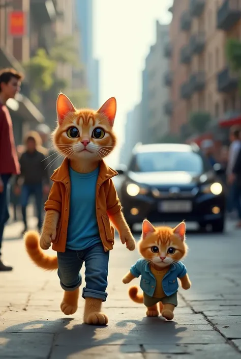  Generate an image of a cat wearing a blue shirt and jeans pant  , the cat is cute and ginger in colour , the cat has huge sparkling eyes , the cat is walking with his cat mom in public and many people are behind them , they are walking on the side of a fo...