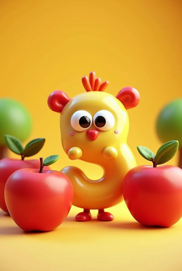 Create in 3d animation style for the kids of age group of 1-3 years Display the "number 3 with eyes " and three colorful objects, such as three red apples And write Three ! Count three!