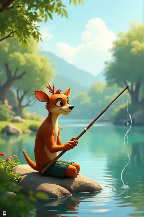 Balu is sitting and fishing with a fishing rod.