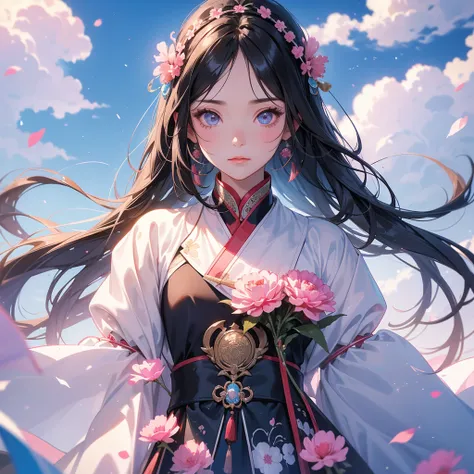 A beautiful girl with black long hair, wear blue ancient chinese clothes, Standing in the middle of pink carnations, There are some floating clouds, with the sun shining on her face, close up.