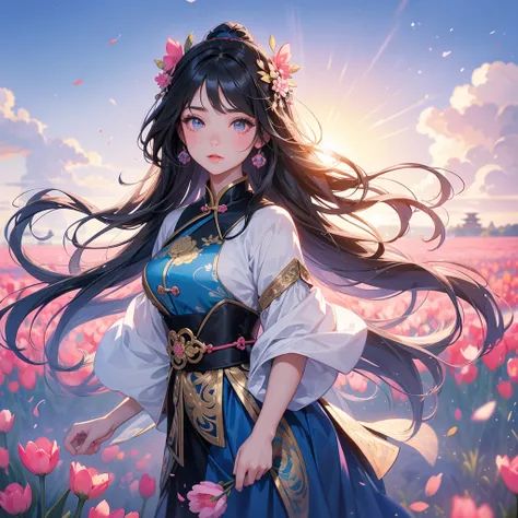 A beautiful girl with black long hair, wear blue ancient chinese clothes, Standing in the middle of pink tulip field , There are some floating clouds, with the sun shining on her face, close up.