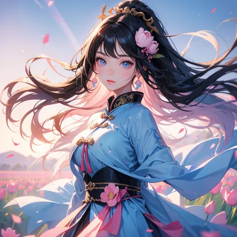 A beautiful girl with black long hair, wear blue ancient chinese clothes, Standing in the middle of pink tulip field , There are some floating clouds, with the sun shining on her face, close up.