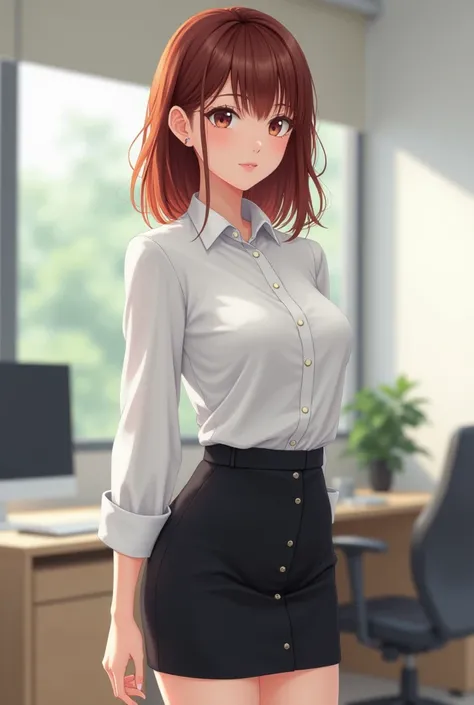 a japanese girl, shoulder length hair, reddish brown hair, office background, black short skirt, white shirt, very detailed face, realistic, well proportioned body, medium breasts, big round butt