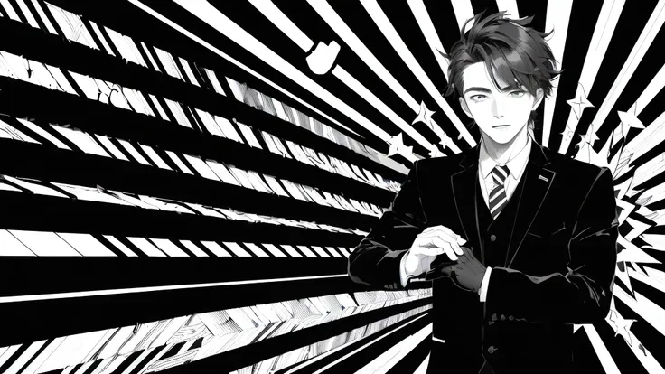 (((black and white background with converging lines)))、(((young handsome man with surprised face))),