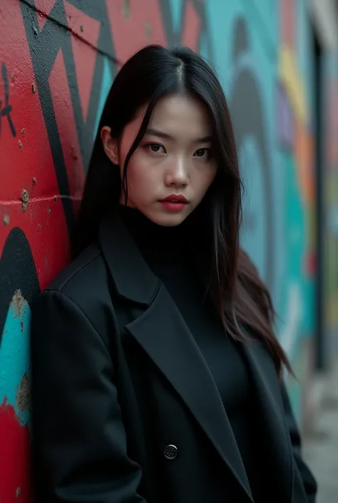 A Chinese woman in black poses for a photo in front of a graffiti wall.., Lalisa Manoban แห่ง Blackpink, Lalisa Manoban, Roseanne Park of blackpink, Stop four *, with bangs, ( ( Stop four # ) ), Stop four, cl, Aya Takano, Son Yun-joo, Shiho, Portrait of Ki...