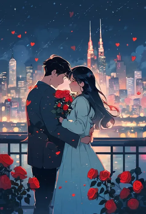 sad couple, Crying, an illustrative picture of love that causes pain and depression , A couple facing each other while holding red roses with a night view of the city. soft color, pastel color