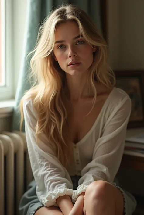 young blonde woman sitting at a radiators, long hair