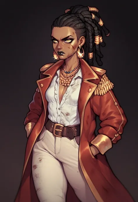 black pirate woman with long dreadlocks tied in a ponytail, black lipstick, yellow eyes clothes covered in blood, small breasts, dirty blue coat, white oversize pants, white shirt, serious face, belts all over her body, dark stormy weather, dark sky, on sh...