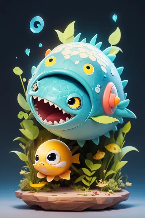 Create a picture of a little puffer fish monster., The image should be sharp and detailed, with beautiful colors. With arms, leg, eyes, mouth, พื้นหลังสีlegว