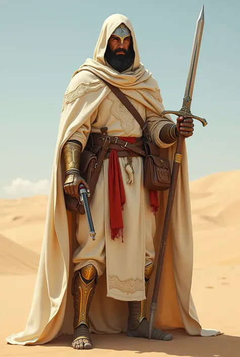 A regal figure stands cloaked in desert hues, beige and cream robes with intricate white patterns, clasping a silver sword adorned with a cross, a void-like helmet, a crimson sash, various leather pouches, a bone pendant, flintlock pistol, and detailed gol...