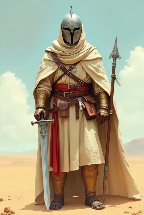 A regal figure stands cloaked in desert hues, beige and cream robes with intricate white patterns, clasping a silver sword adorned with a cross, a void-like helmet, a crimson sash, various leather pouches, a bone pendant, flintlock pistol, and detailed gol...