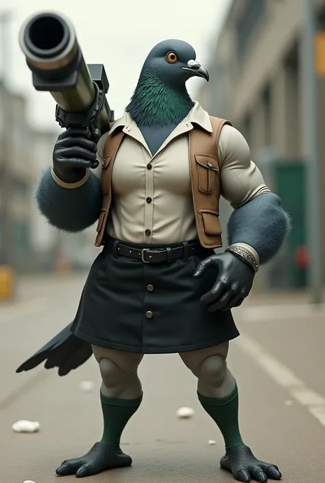 A gray female pigeon wearing an off-white collared short-sleeved shirt, a light brown vest, a knee-length black skirt, dark green socks and black shoes.、Grey female pigeon with muscles like a bodybuilder shooting a bazooka