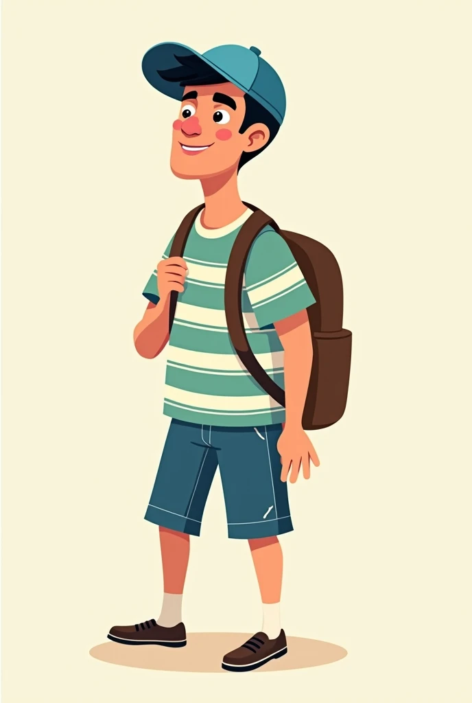 "A cute, flat-style cartoon of a middle-aged man wearing a blue cap, a green striped t-shirt, blue shorts, and carrying a black backpack. The character has thick eyebrows, short black hair, and a neutral expression, as if ready to go on a walk or a casual ...