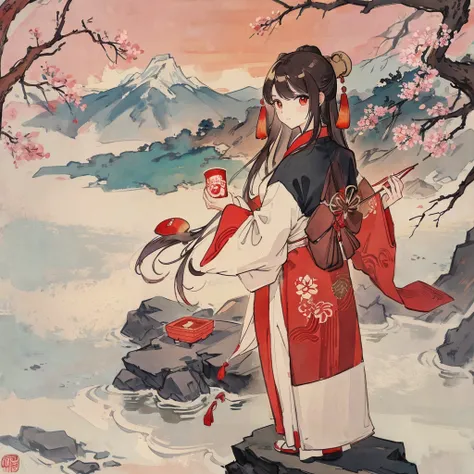 portrait of a female figure , Chinese style, red and white color scheme, ink painting of characters with flowing long hair standing under the tree surrounded by ancient Chinese calligraphy forming an abstract pattern of mountains, rivers and cherry blossom...