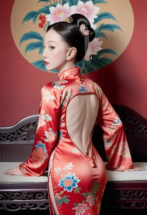 the empress of the qing dynasty is wearing a red floral patterned dress, completely naked, with her profile showing and her butt...