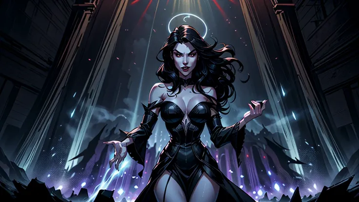 Create a surreal and haunting high fantasy Imagine a stunningly beautiful woman, a vampire with porcelain skin and long, flowing black hair that cascades down her back like a night waterfall. Her eyes glow with an otherworldly intensity. She stands on a di...