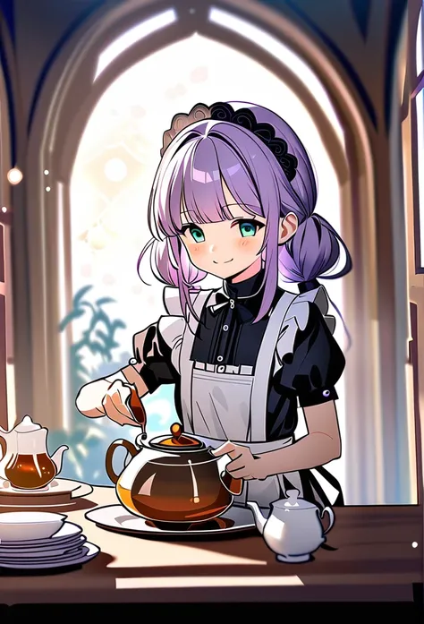 (watercolor:0.4), (pastel:0.4), (sketch:0.4) extremely detailed, 8k cg wallpaper, stunning art, absurdres, a cute child girl, 10yo, (pale purple hair,low-twintails,blunt bangs,green eyes), frilled gothic wear, short sleeves, BREAK light smile, A girl dress...