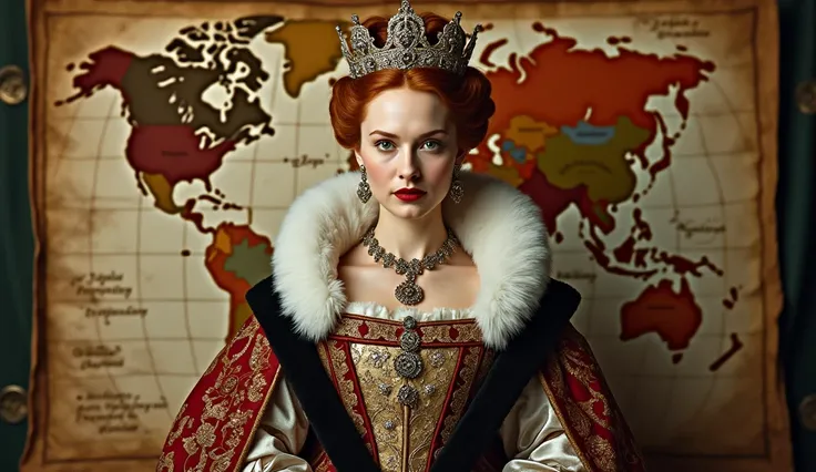 Image Prompt: A portrait of Queen Elizabeth I in full royal regalia, with a background showing an old, decorative map of the world.