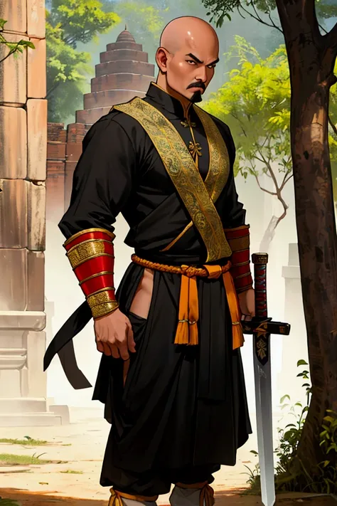 man,Bald head with hair on the sides,Not wearing a shirt,,No shoes while standing.Thai warrior costume, holding an assassin sword,Ayutthaya ,Ayutthaya period outfit,chubby,There is a slight mustache.