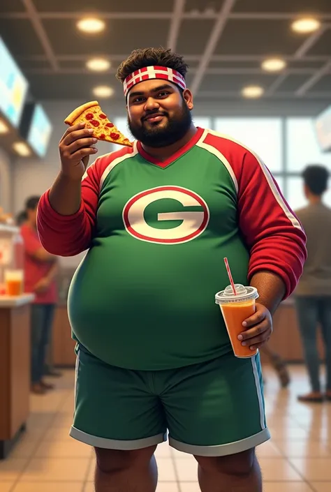 Real man.human. .man Chubby India average 15 year old.. Big body. Body fat . Wear green red white long sleeve"G" Logo on shirt. Hairy hand. Wear head band red white.. Bulking. Hand holding pizza and smoothie cup. Background foodcourt.