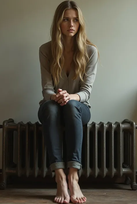 young dark blonde woman sitting on top of radiators, long hair