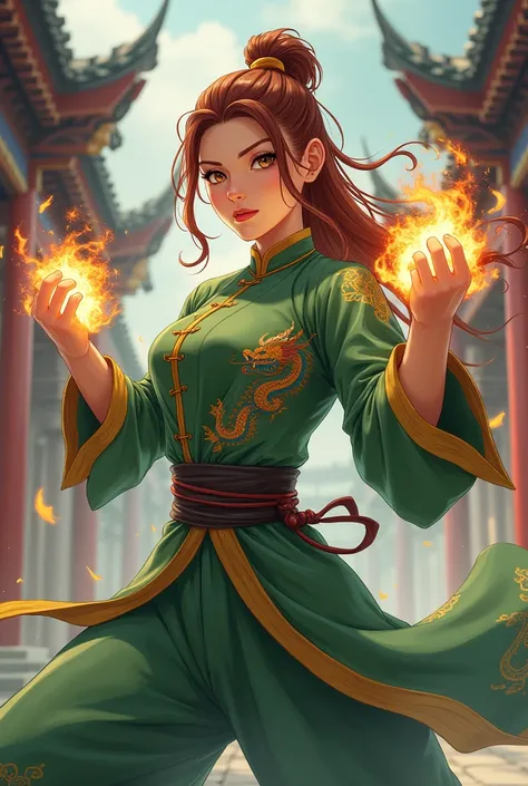 (anime) adult woman, martial artist, monk, green chinese short dress with dragons pattern, chesnut hair, temple background, big breasts, cleavage, hands with 5 fingers, (punching), (wing around fists)