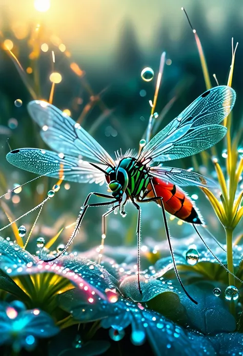 realistic detailed image, (mosquito:1.3), lilligent, [solar shimmer on dewdrops], epic, cinematic photography with sharp focus, ...