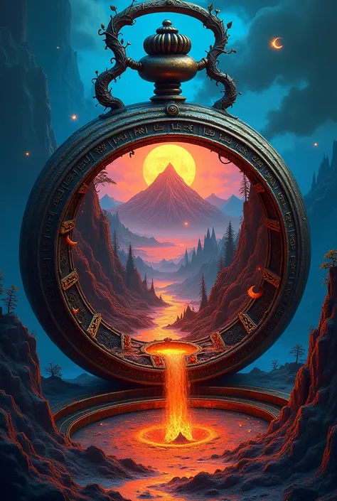 top- down, fantastical and surreal scene, closeup inside of an enormous ancient pocket_clock standing upright with its cover open revealing a magical portal, portal inside the clock, Through the portal is a breathtaking landscape unfolds, towering mountain...