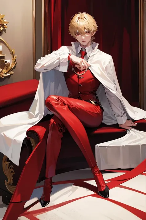 1male, short blonde hair, red eyes, wearing white shirt with dark red cape, luxury kingdom, sitting on the throne, mature man, handsome, magician, absurdres, high res, ultrasharp, masterpiece, looking at viewer