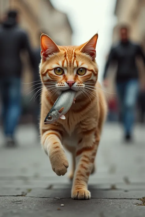 (photorealism:1.2), beautiful cat, running in street, a fish in mouth, a disperate man chasing the cat, street full of people, detailed features, ultra realistic,