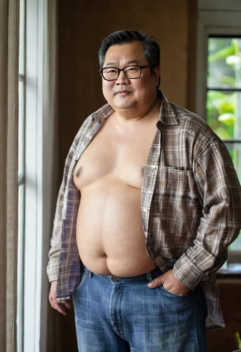 Man, Asian, 50 years old, Fat, Chubby, wearing glasses, a thin, light bronze plaid shirt, Unbuttoned the shirt, Shirtless, shirtless, wearing Jeans, standing, living room, by the window.