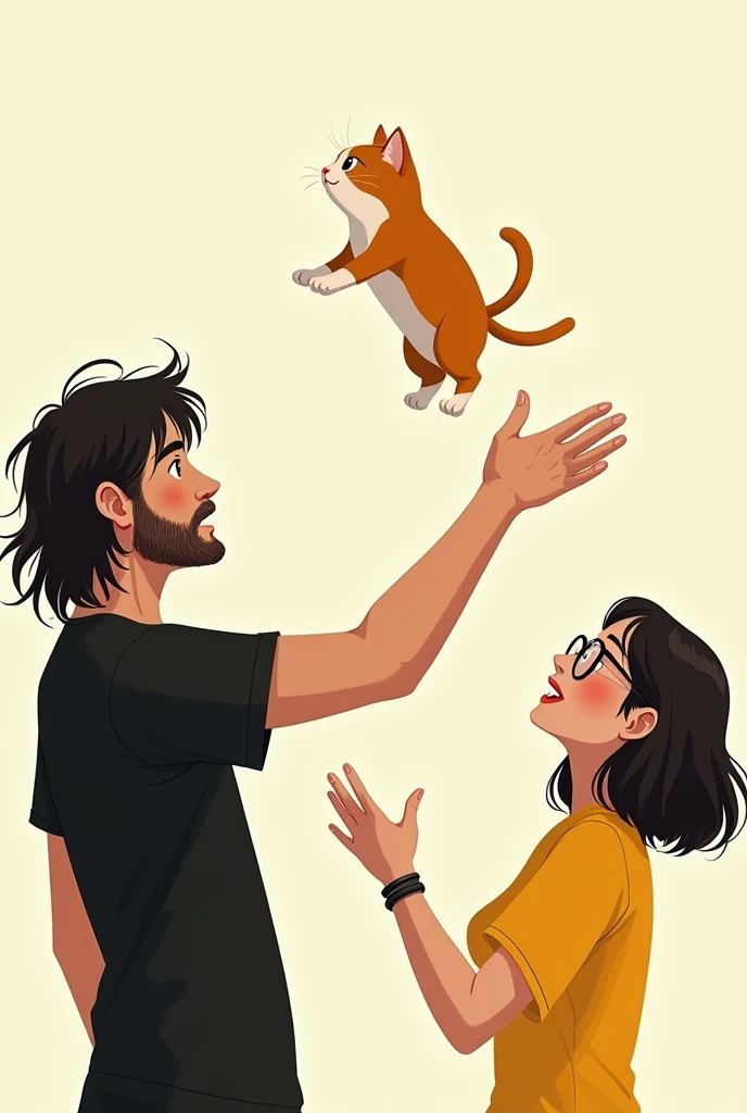 A couple where the boy black t shirt,long hair and low beard then the girl is yellow dressed, head bend, wristband,wear eyeglasses. A cat in the air, and the couple take catching position by open hands   to catch the cat