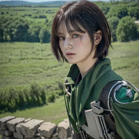 attack on titan screencap of a female with short green dark staright hair with curtain bangs, blue dark eyes, pale skin , round ...