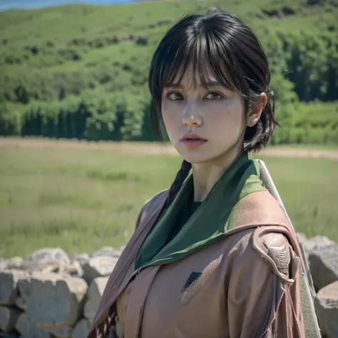 Attack on Titan screencap of a female with short Green dark staright hair with curtain bangs, Blue dark eyes, Pale skin , round  face , plum pink lips . Scenery is beautiful. she is wearing a green cloak . WIT Studios season 3 screencap.