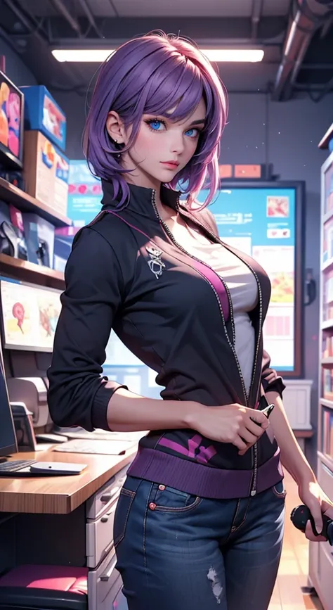 Purple hair, blue eyes, holding a game joystick