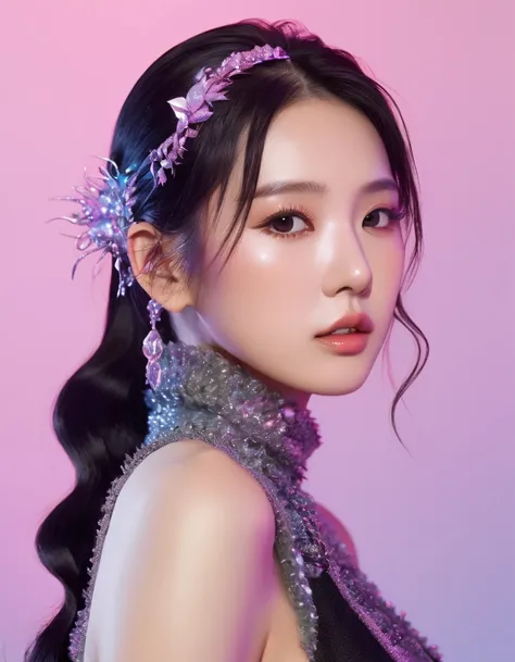 An extraordinarily intricate detailed close-up portrait profile picture of the cyberpunk girl of korean girl k-pop idol, Her face is adorned with detailed skin textured, natural and glossy make up realistic, while her long colorfull hair style., high contr...