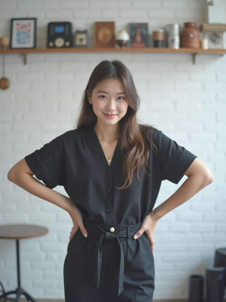 brown eyes. brown hair. A 20-year-old girl wearing a white and black outfit