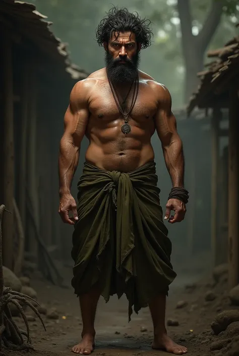 A 33 years male, medium body structure, but have good biceps,look like a antagonist, goon, alcoholic eyes, dark tan skinned, massy hair like mad, but a landlord,wear olive green or earth toned dhoti, but nothing at upper body,  west bengal man,1203 AD