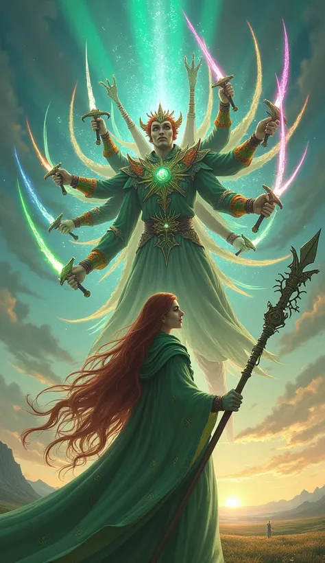 In a vast, mystical landscape where the sky shimmers with the colors of the evening aurora, the graceful summoner Seraphina stands with unwavering resolve. Her long, flowing red hair cascades from beneath a green hood, and her piercing green eyes gleam wit...