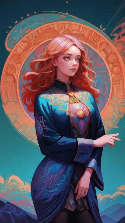 
there is a painting of a beautiful girl  reaching for a coin, dan mumford and alex grey style, fractal thunder dan mumford, el bosco and dan mumford, in the style dan mumford artwork, anton fadeev and dan mumford, by Dan Mumford, cyril rolando and m. w ka...