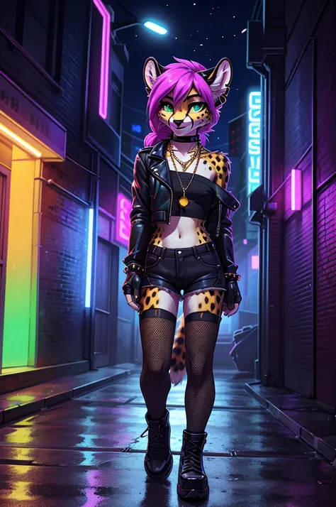 Youthful, tall, slim, frail slender figure, distinctly feminine figure, narrow hips, long legs, close-up shot. Species: Cheetah.

Hair: Vibrant magenta, styled in a long, sleek ponytail with shaved sides. Texture is straight and glossy.

Eyes: Wide, alert ...