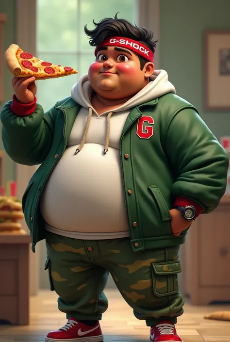 Real fat guy. 15 year old. Wear head band ((red white)). Green jacket , red "G" logo on body. India man. Average 15 year old. Wear g shock watch. Fat bulking . Cargo pant green camouflage. Hand holding pizza 