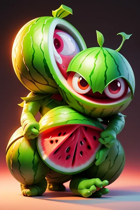 Create a Watermelon Monster Image, The image should be sharp and detailed, with beautiful colors. With arms, leg, eyes, mouth, พื้นหลังสีlegว