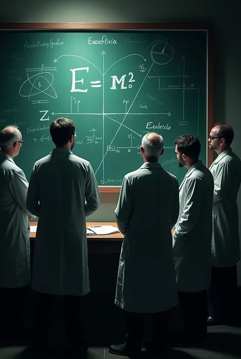 Theory of relativity ( E= mc^2) solving on black board by scientists add dark theme 