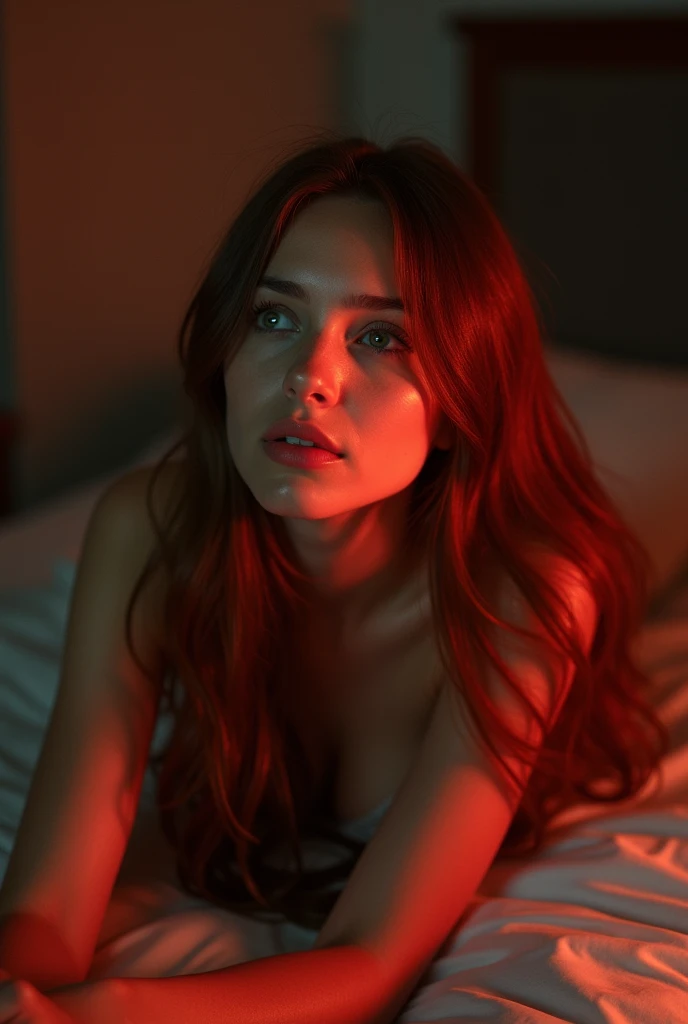 auburn hair girl with long straight brown hair, eyes with , without a cap lying on her back on a bed looking at the ceiling similar to Ariana Grenblaat. Red lighting in the room,skin texture,full body,from distance photoshoot,large breasts.