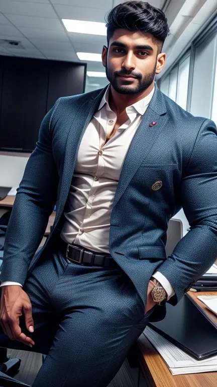 Indian gurjar ARJUN gay man in business suit, standing in office with spread legs, huge bulge